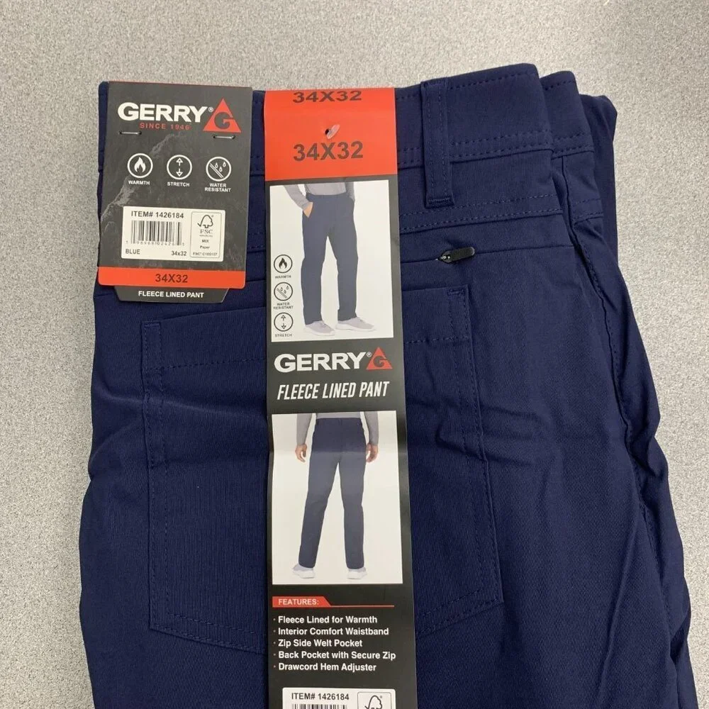 Gerry Men's 34x32 Blue Fleece Lined Pants Water-Resistant Stretch Warm G1923